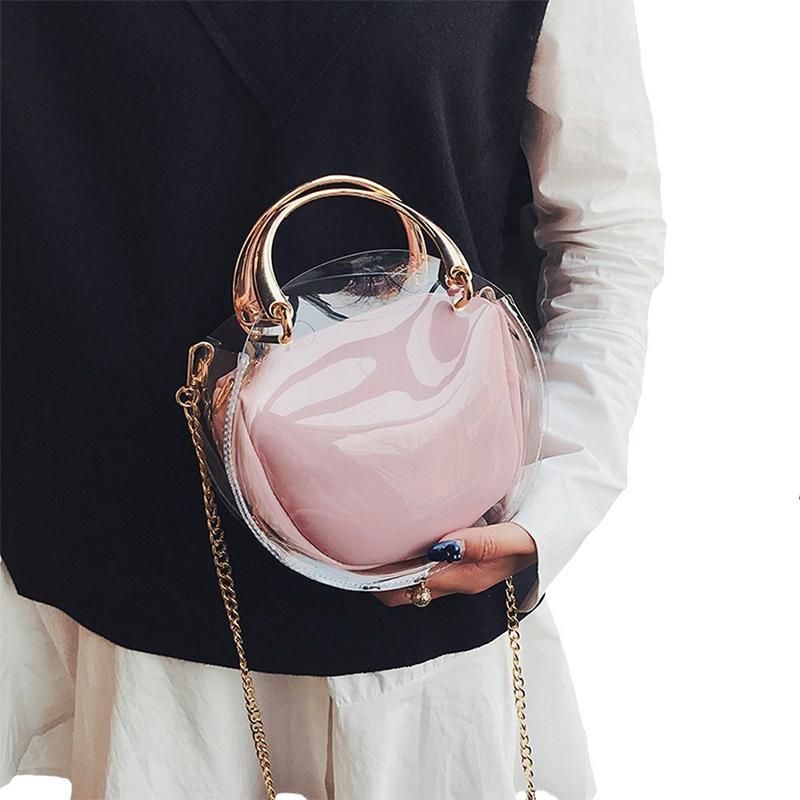 Round Clear Crossbody Bag Messenger Handbag Tote Shoulder Money Bank with Inner Bag, Transparent, Waterproof (Pink)