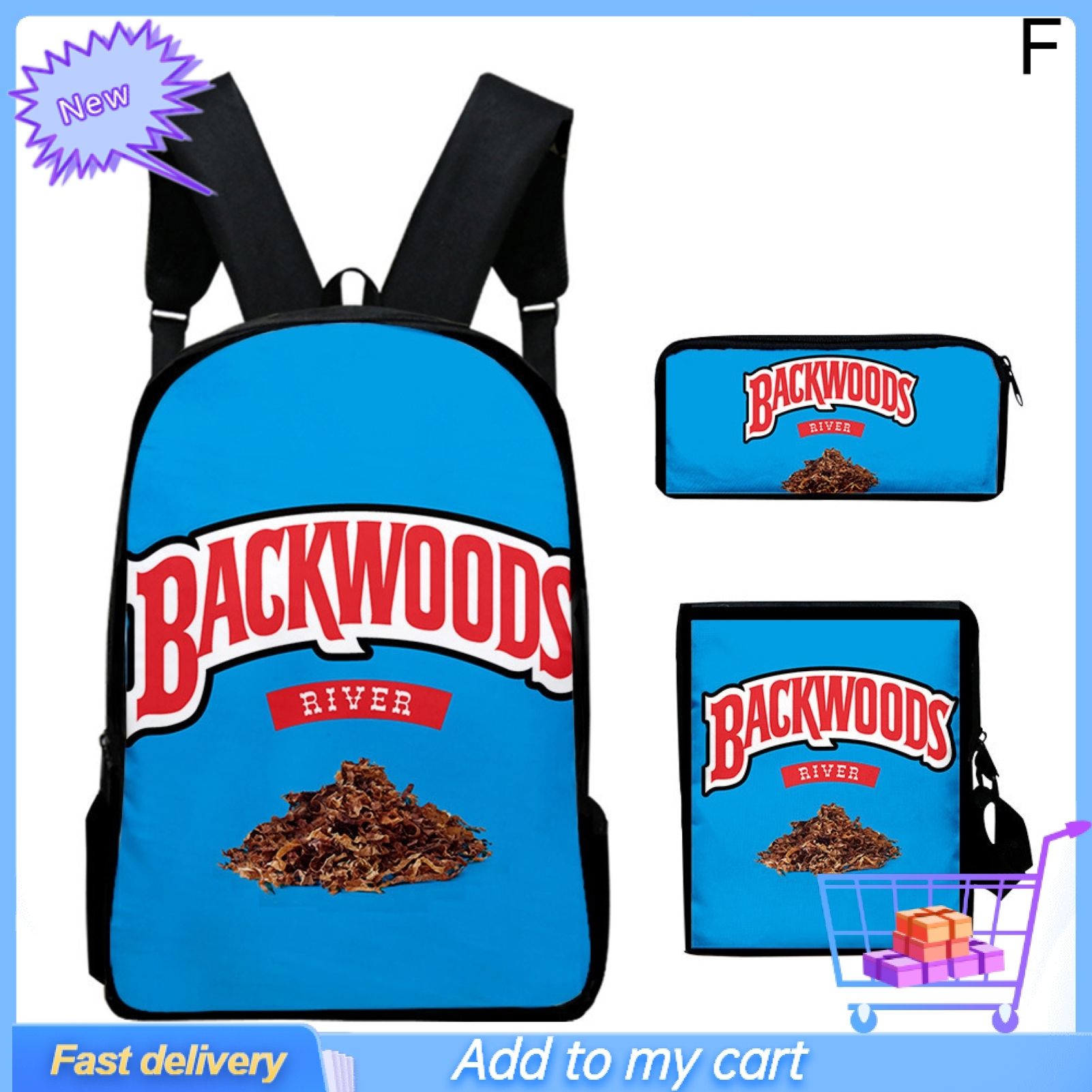 3Pcs Unisex Fashion Backwoods 3D Printing Backpack Shoulder Bag Pencil Case