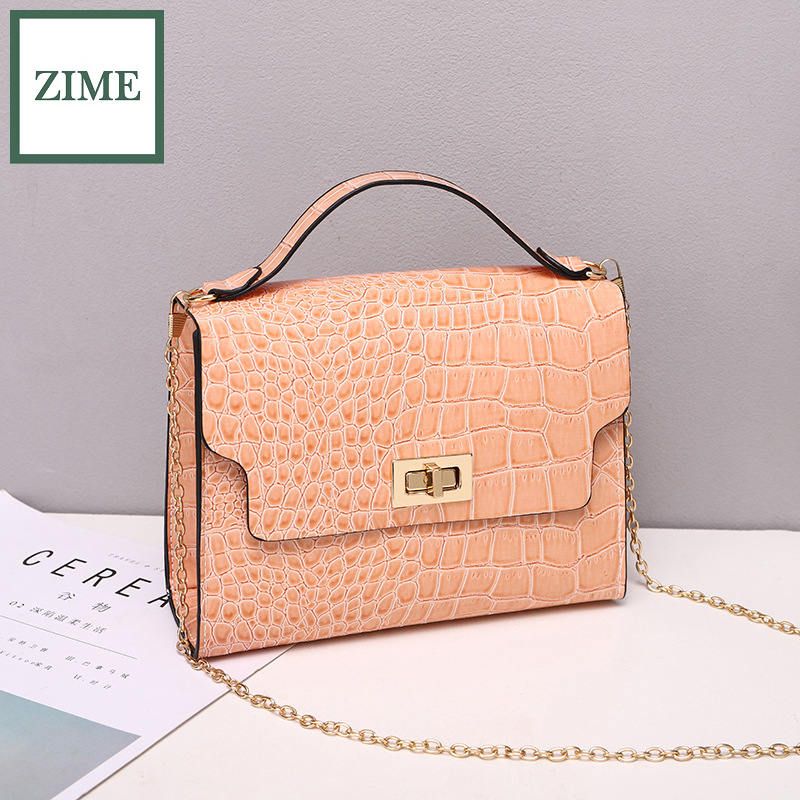 ZIME Autumn and winter Korean patent leather crocodile pattern stereotyped lock chain small square bag single shoulder handbag