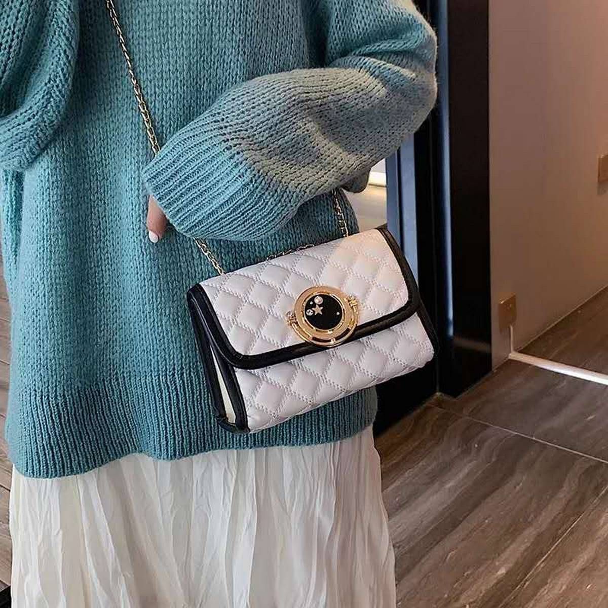White Casual Plaid chain shoulder messenger bag (2006115)