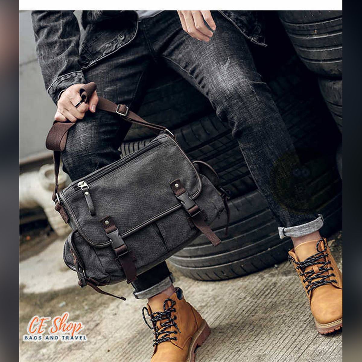 Korean-style mens shoulder bag casual college style canvas
man bag diagonal bag student bag messenger bag (Khaki)