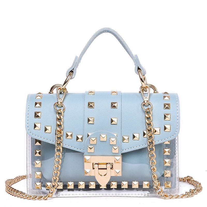 Brand Designer Woman Bag 2021 Fashion Shoulder Messenger Bag Chains Rivets Transparent Small Square PU+PVC Handbag Sac Yellow