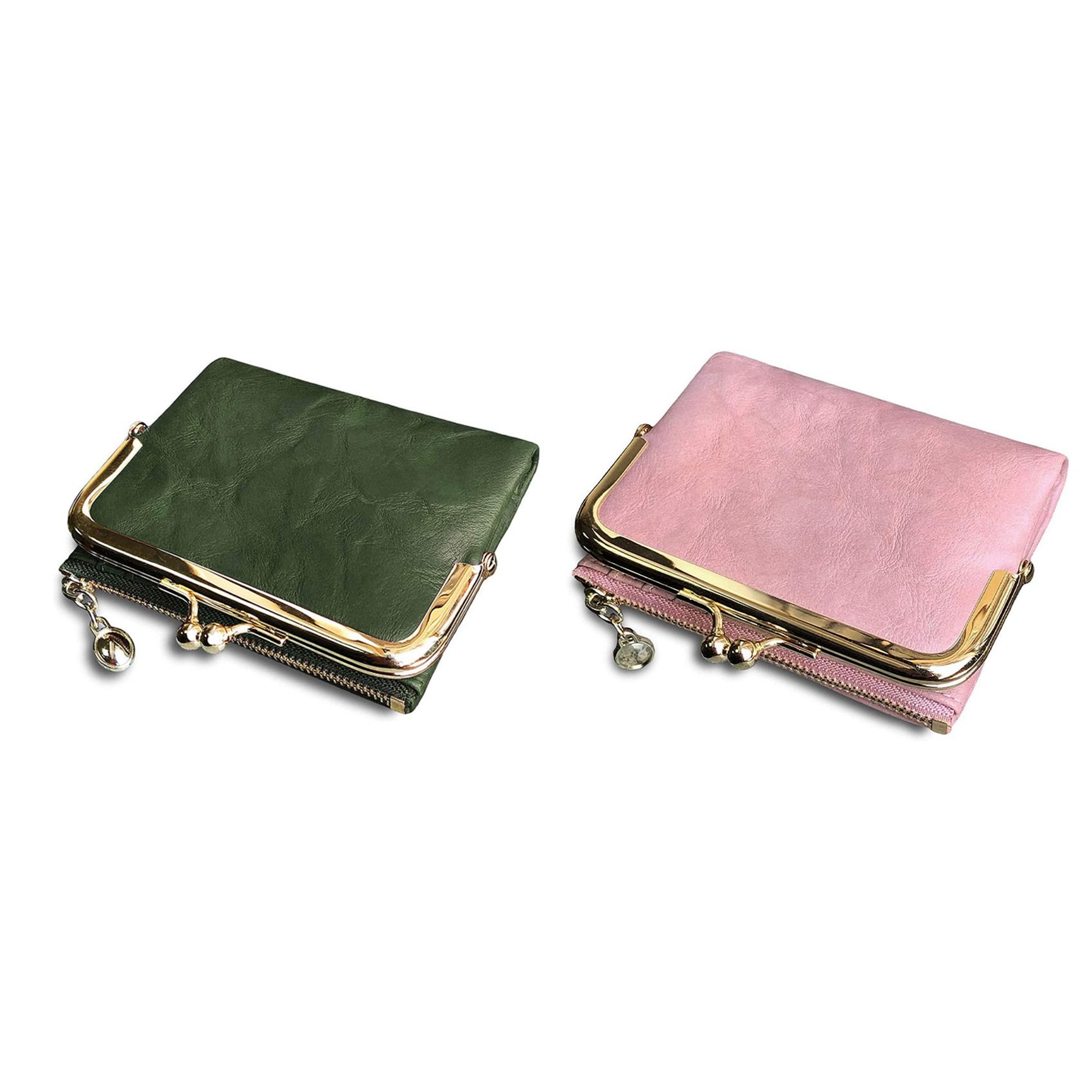 2Pcs Women'S Short Wallet Bifold Retro Multifunction Coin Purse with Zip and Kiss Lock - Green & Pink