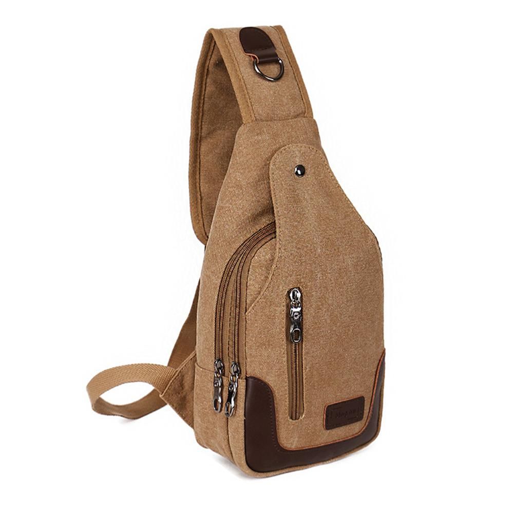 Men Leather Patchwork Zipper Crossbody Shoulder Pouch Canvas Chest Bag
