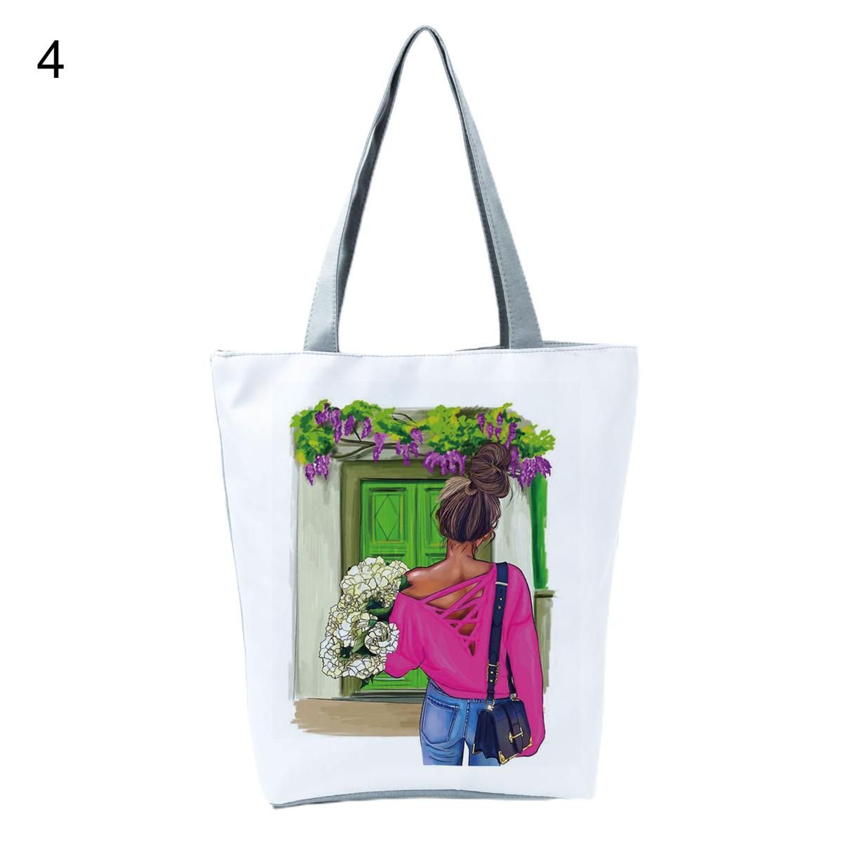 Women Tote Bag Solid Structure Foldable People Print Lady Shoulder Pouch