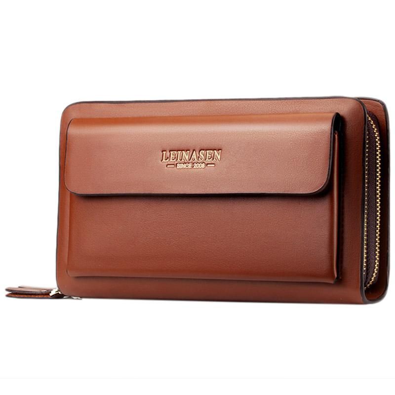 Leinasen Brand Men Wallets With Coin Pocket Zipper Double Zipper Male Wallet Long Large Men Purse Coin Clutch Bag(Brown)