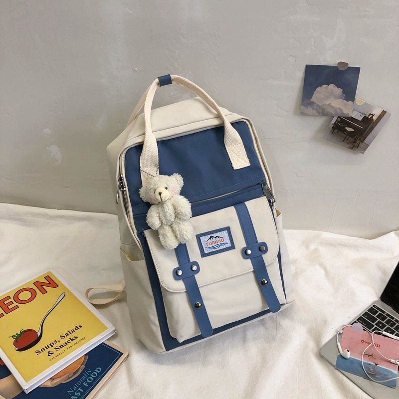 Japan Korea Backpack Women Large Capacity School Backpack Tote Rucksack for Girls Fashion Patchwork Panelled Laptop Travel Bags-white