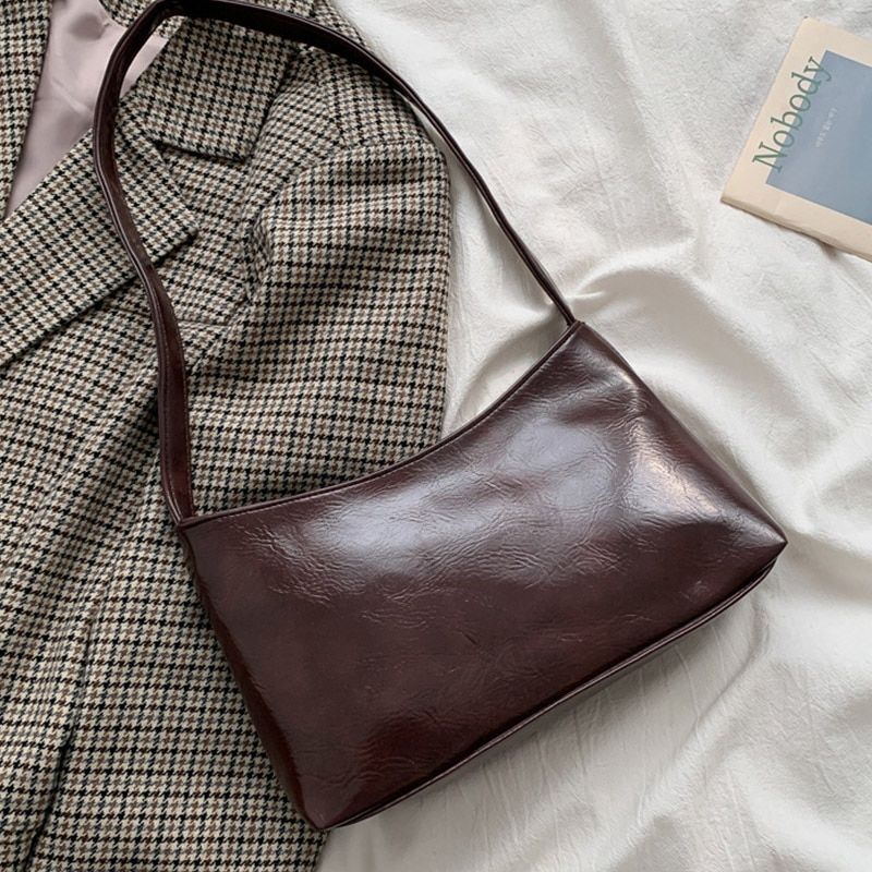 Vintage Baguette Women's Bag PU Leather Shoulder Bag Simple Solid Color Lady Handbag Designer Armpit Bag Girls Shopping Purse