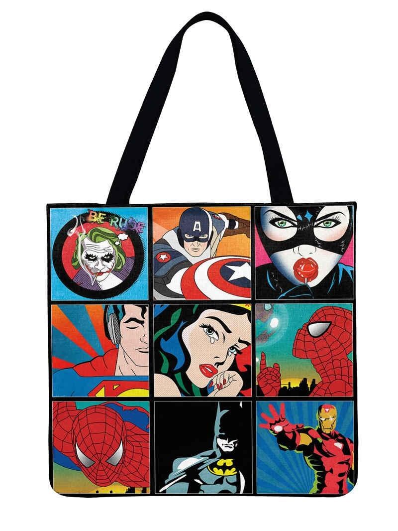 Women Shoulder Bag Superhero Printed Tote Bag Linen Febric Casual Tote Foldable Shopping Bag Reusable Beach Bag Hand Bag