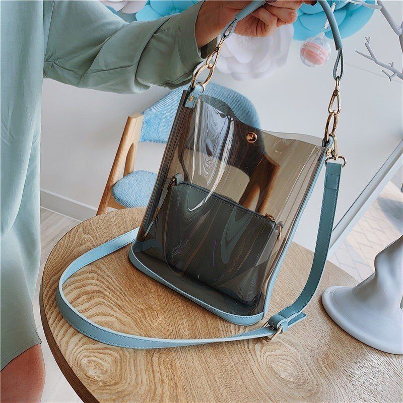 HISUELY Fashion 2pcs Women Clear Transparent Shoulder Bag Jelly Candy Summer Beach Handbag Woman Messenger Bags Bolsa Feminina