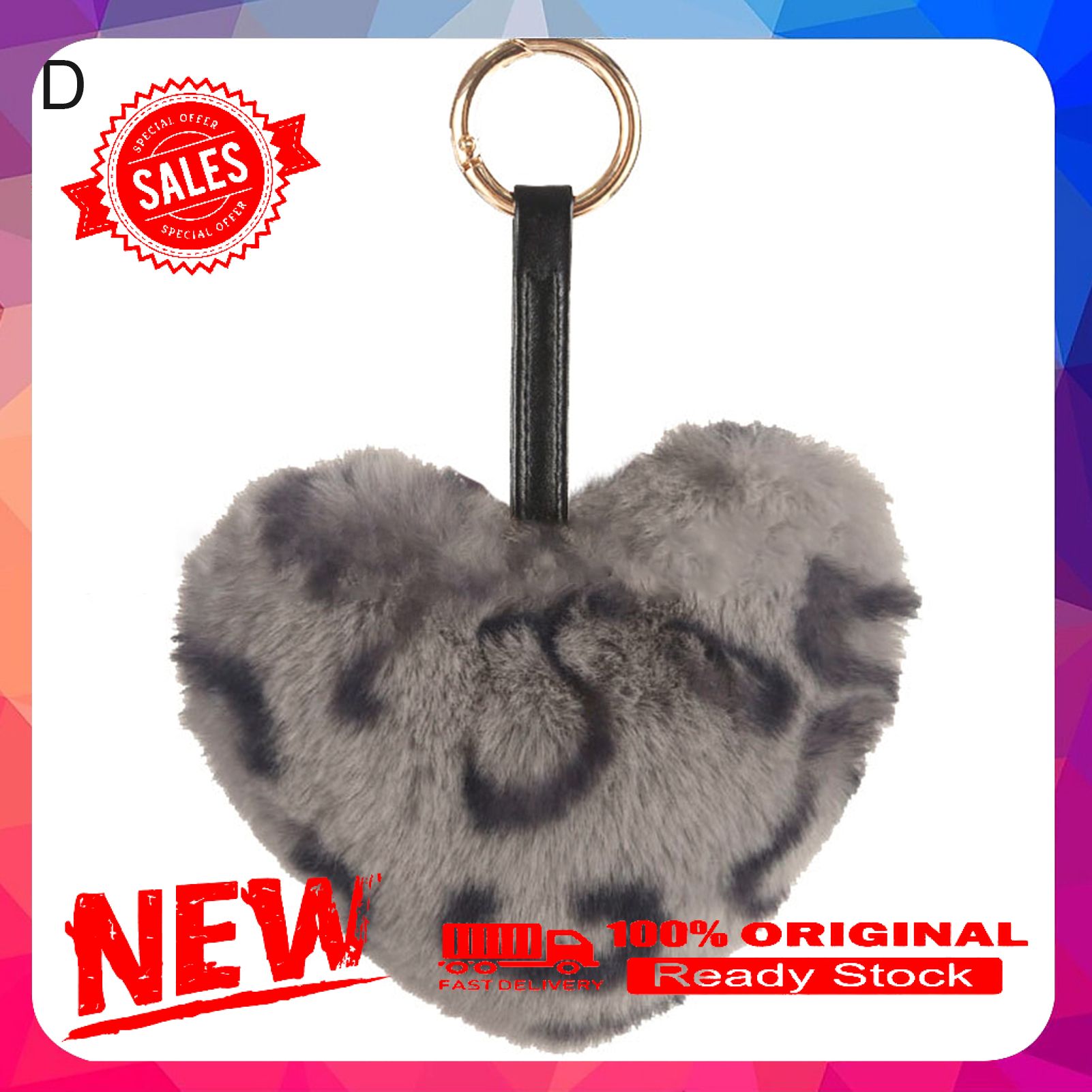 Fashion Plush Leopard Print Heart-shaped Pendant Keychain Bag Car Key Ring Decor