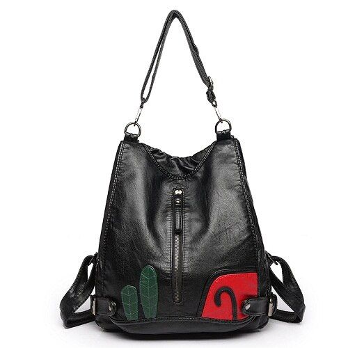 Women Slit Pocket Leather Backpack Zipper School Bags For Teenagers Casual Travel Computer Laptop Bag Black Women Shoulder Bag