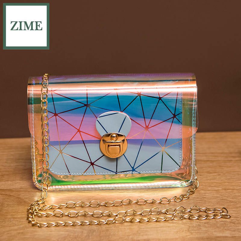 ZIME Small bag colorful triangle mesh single shoulder lock small square bag summer Korean personality laser sequin chain bag
