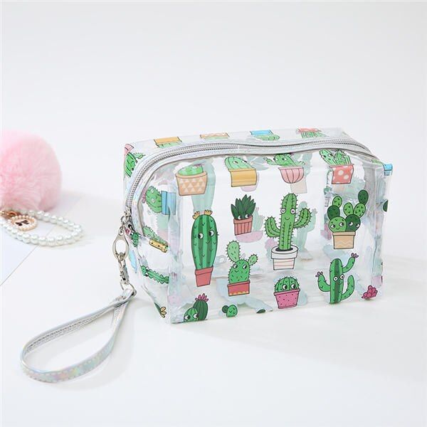 PURDORED 1 pc Transparent Cosmetic Bag  PVC Travel Makeup Bag Cactus Flamingo Pineapple Toiletry Bag neceser Dropshipping