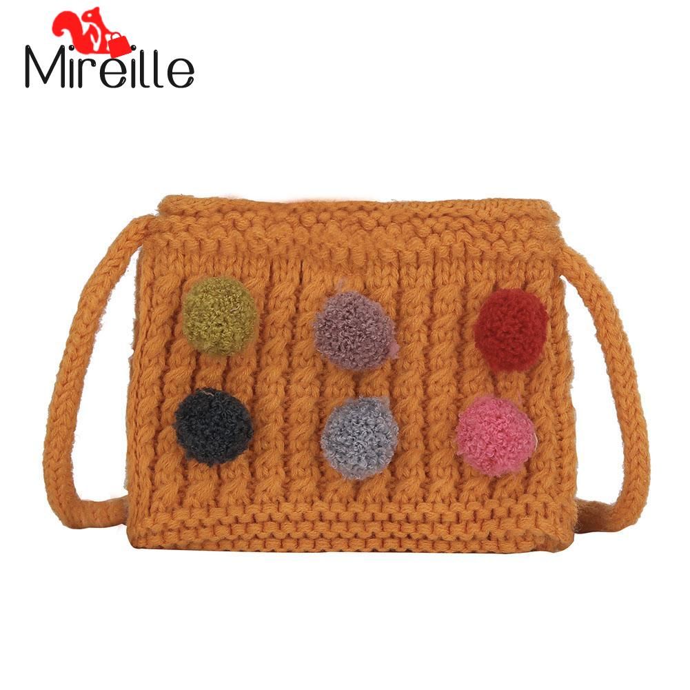 Knitted Shoulder Handbags Girls Kids Pompom Cute Purse Small Messenger Bags