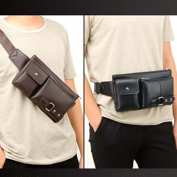 Louiswill Fashion Men Crossbody Bag Waist Bag Waist Pouch Men's Leather Belt Wallet Sling Bag Waterproof Chest Bag