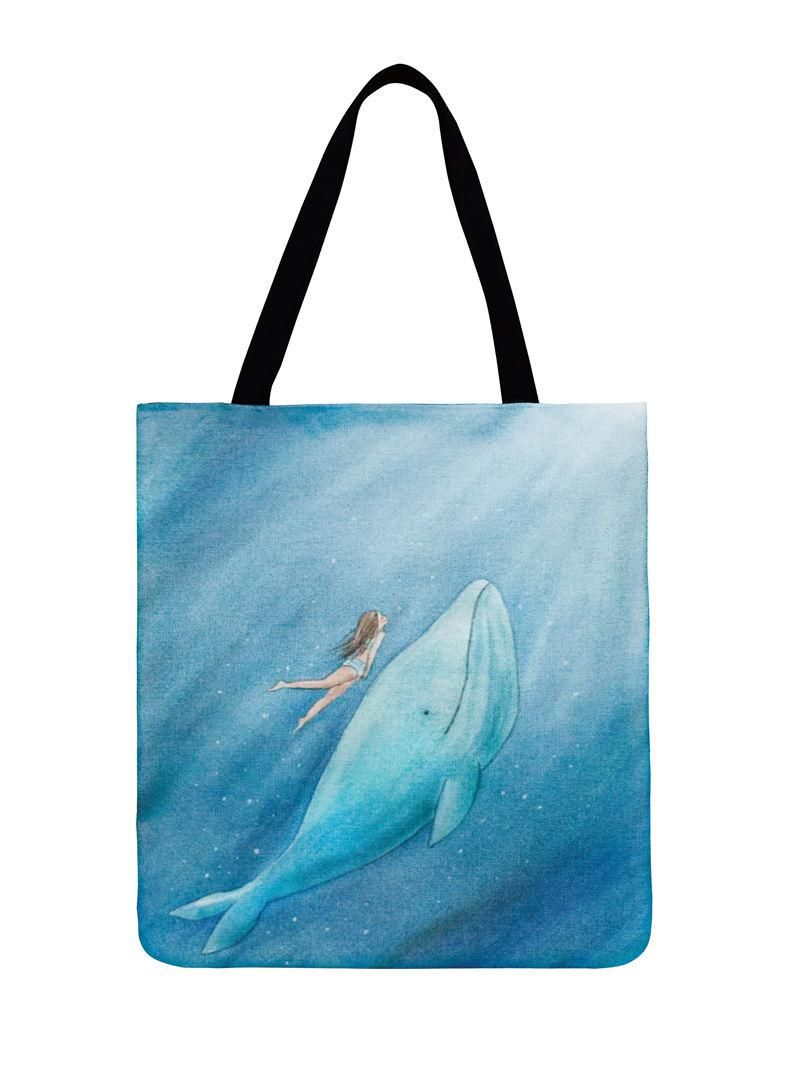 Nordic Marine Printed Tote For Women Foldable Shopping Cartoon Whale Casual Totes Outdoor Beach Shoulder Ladies handbag