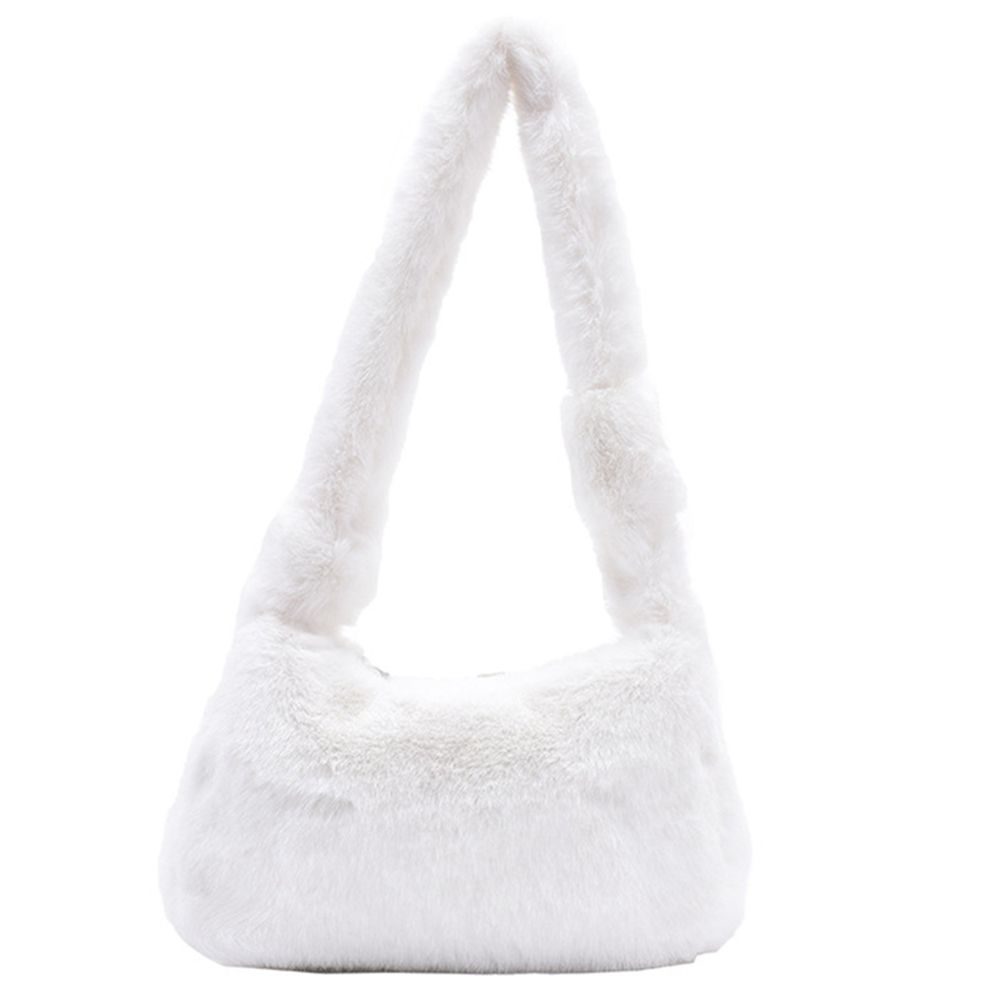 Fashion Women's Plush Solid Color Shoulder Underarm Bag Soft Autumn and Winter Handbag Retro Mini Tote Bag White