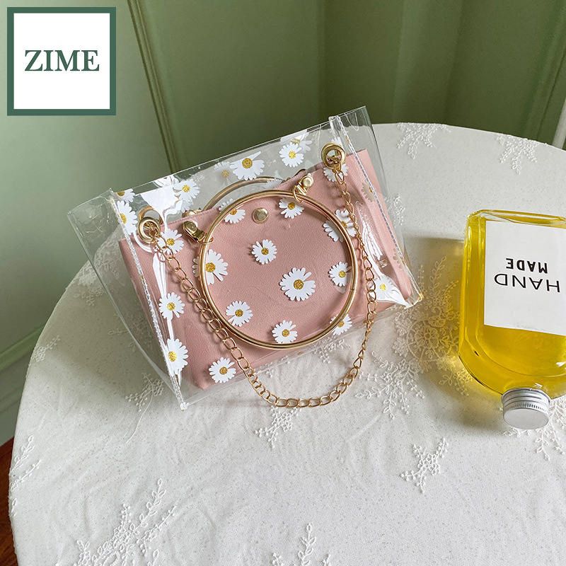 ZIME Women's bag Korean version of daisy print jelly bag summer big iron ring portable purse