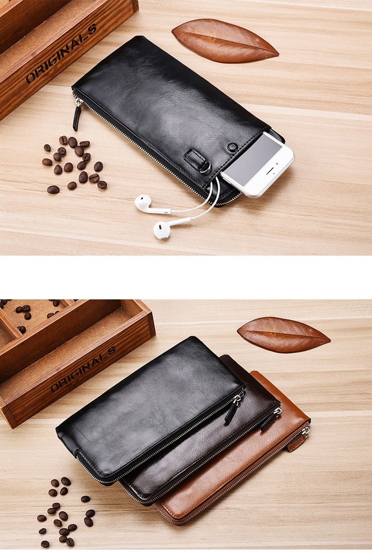 Men's Leather Long Wallet Soft Zipper Handbag Phone Bag For Men/Women