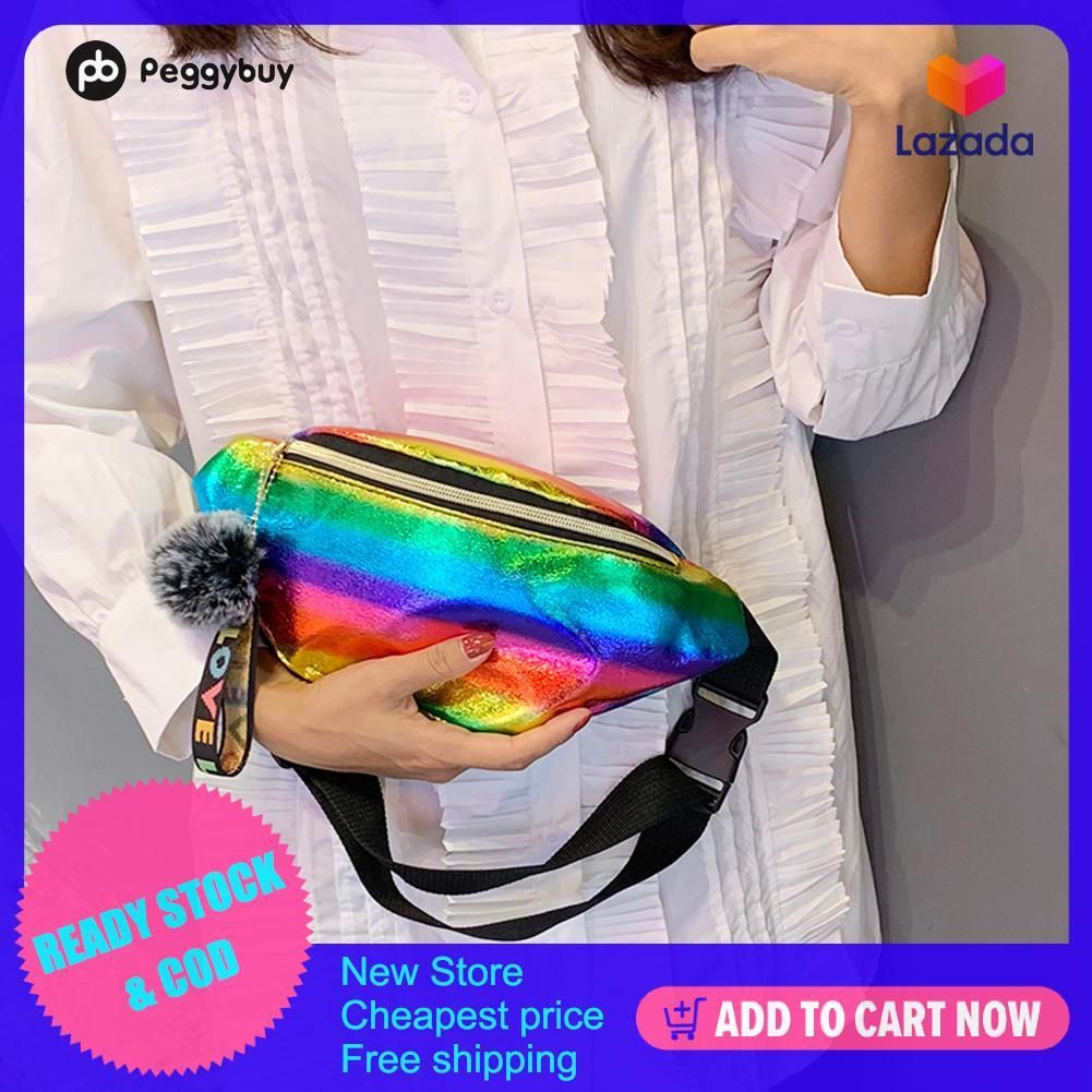 Colorful Laser Fanny Chest Bag Fashion Large Capacity Plush Pendant Women Leather Waist Pack Shoulder Crossbody Bag [new store/cheapest price]