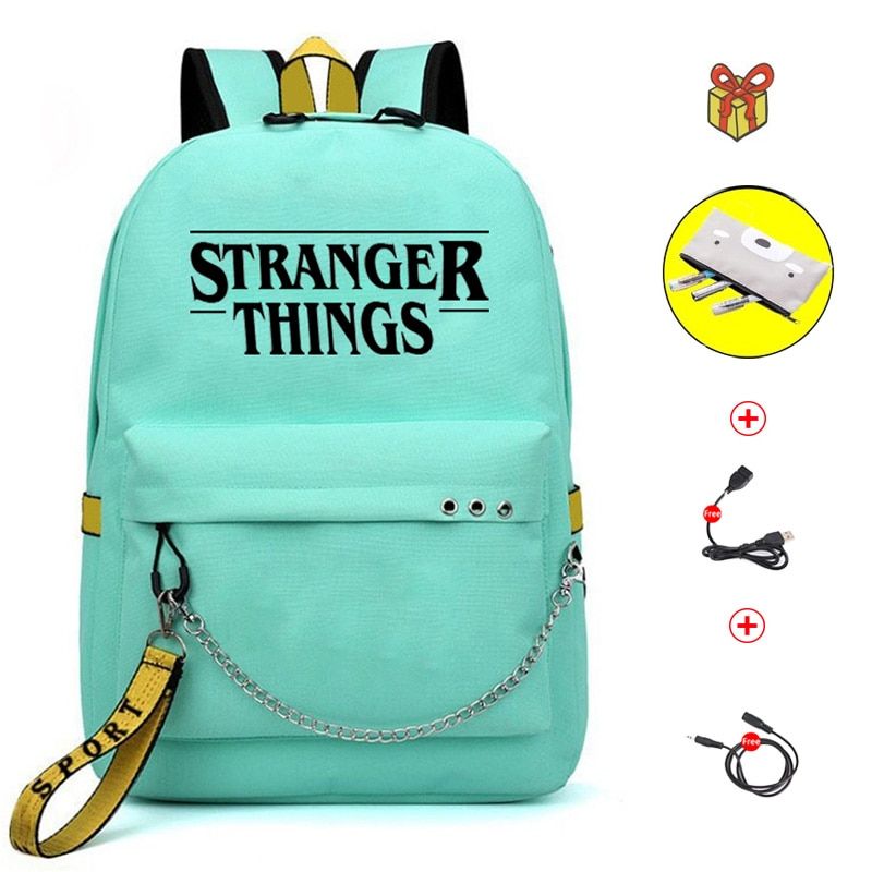 Stranger Things USB Backpack School Book Bags Fans Travel Bags Laptop Chain Backpack Headphone Port Waterproof Laptop bags