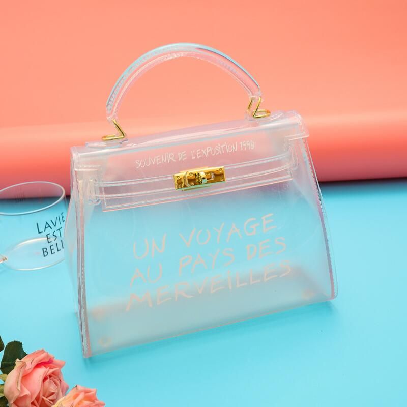 Top-handle Transparent Handbag 2020 Quality PVC Women Chain Shoulder Bag Letter Jelly Candy Color Women Messenger Crossbody Bag