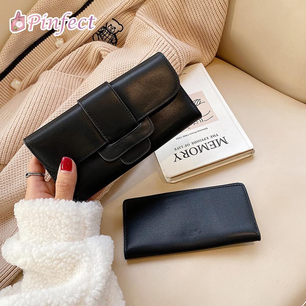 Fashion Women Retro Long Clutch Purse Portable Simple Solid Color Multi-Slots Triple Folding Wallet Card Bags