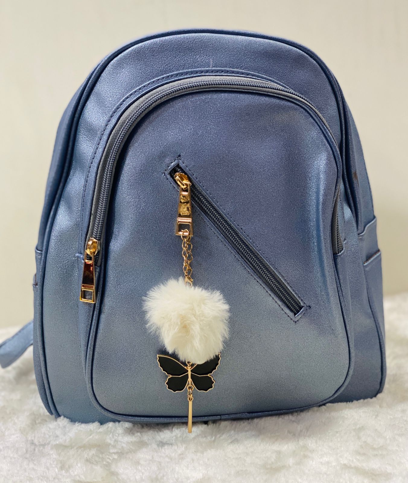 Velvet Mini Korean 3-Way Backpack (with Fur Charm)