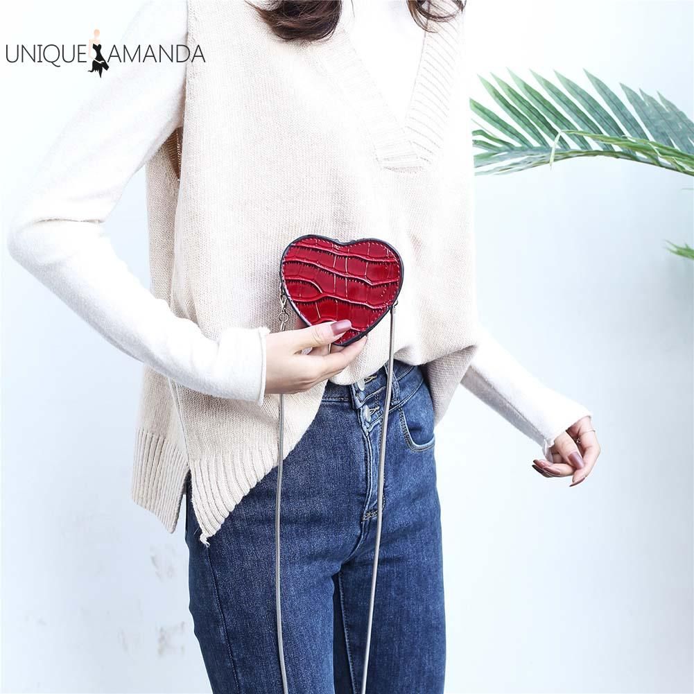 Fashion Love Heart Shaped Crossbody Bag Women Stone Pattern Chain Lipstick Shoulder Handbag