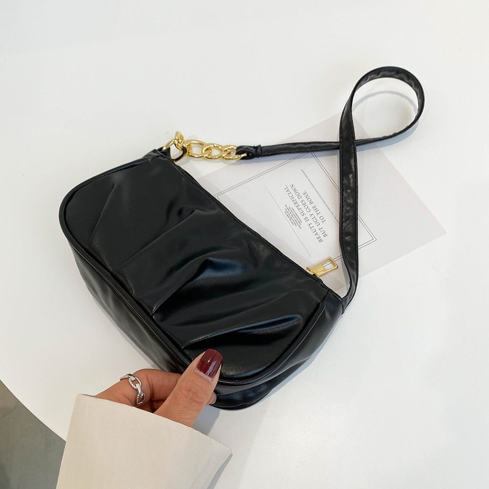 Women's Bag Retro Women Pleated Thick Chain Pure Color Shoulder Underarm Bag Casual Ladies Small Handbag Purse Bolsa Feminina