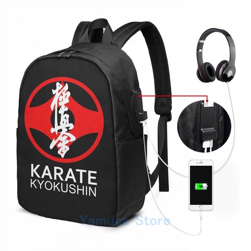 Funny Graphic print Kyokushin Karate Symbol and Kanji White Text USB Charge Backpack men School bags Women bag Travel  bag