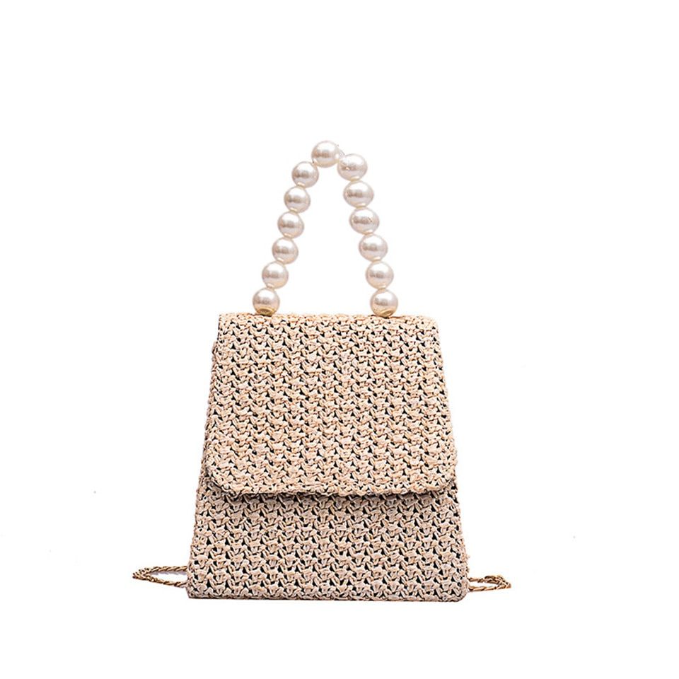 Pearl Handle Women Fashion New Straw Bags Female Handmade Woven Rattan Beach Bag Ladies Summer Wild Flap Shoulder Messenger Bags