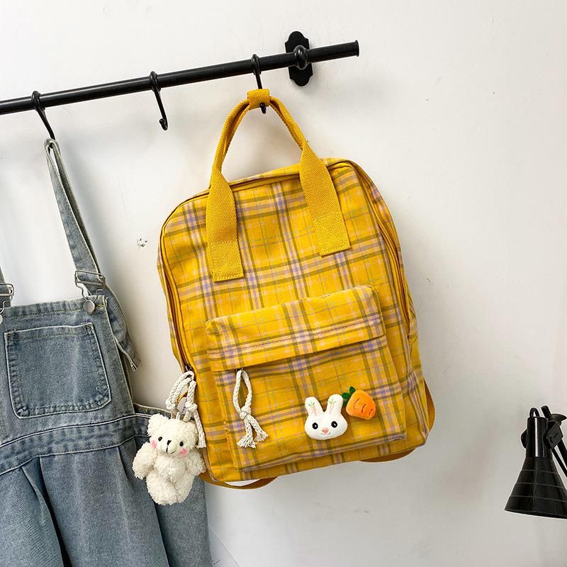 Canvas Backpack With Bear Pendant Simple Women Backpacks Shoulder School Bag College Wind Bag Plaid Teenage Girl Travel Backpack
