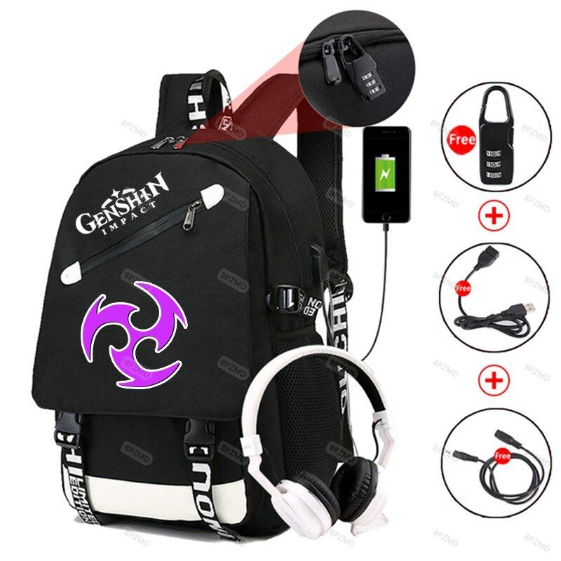 Genshin Impact backpack for boys and girls school canvas bags waterproof  USB charging men travel bag 2021 back to school