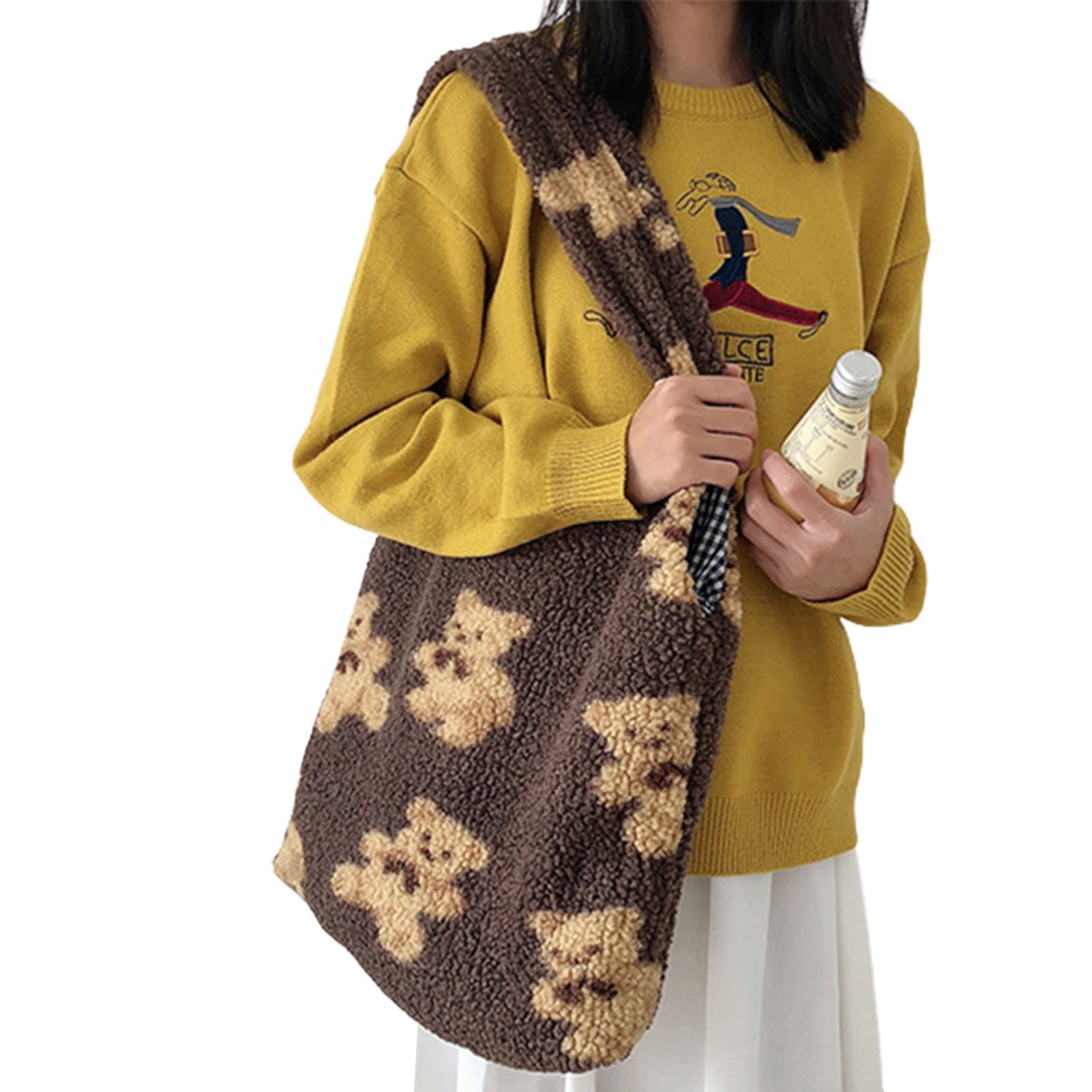 Women Faux Fleece Underarm Shoulder Tote Bag Bear Print Large Capacity Handbag