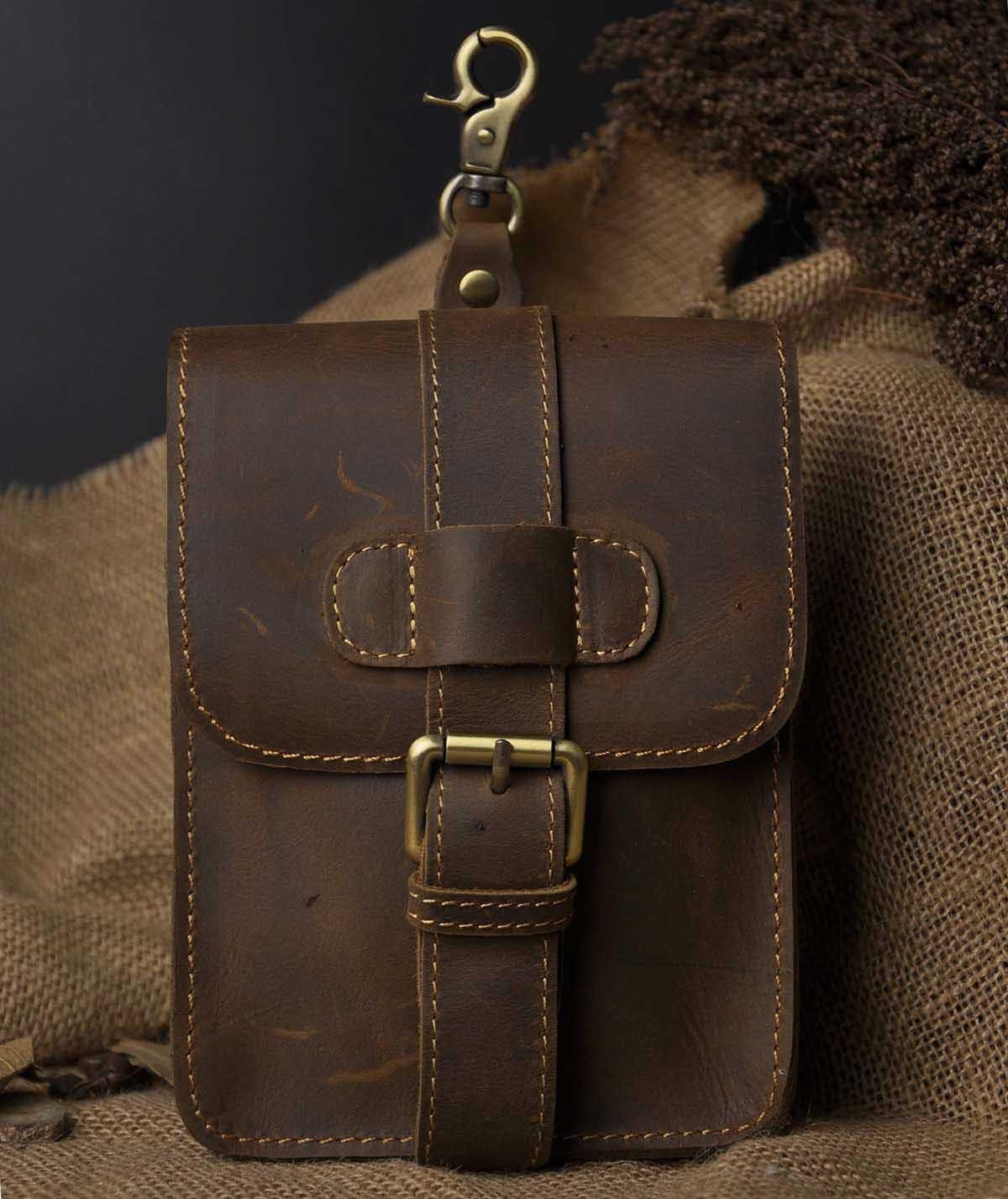 Leather  Outdoor Camera Phone 7-inch Small Pockets Waist Bag - Dark brown {even code}