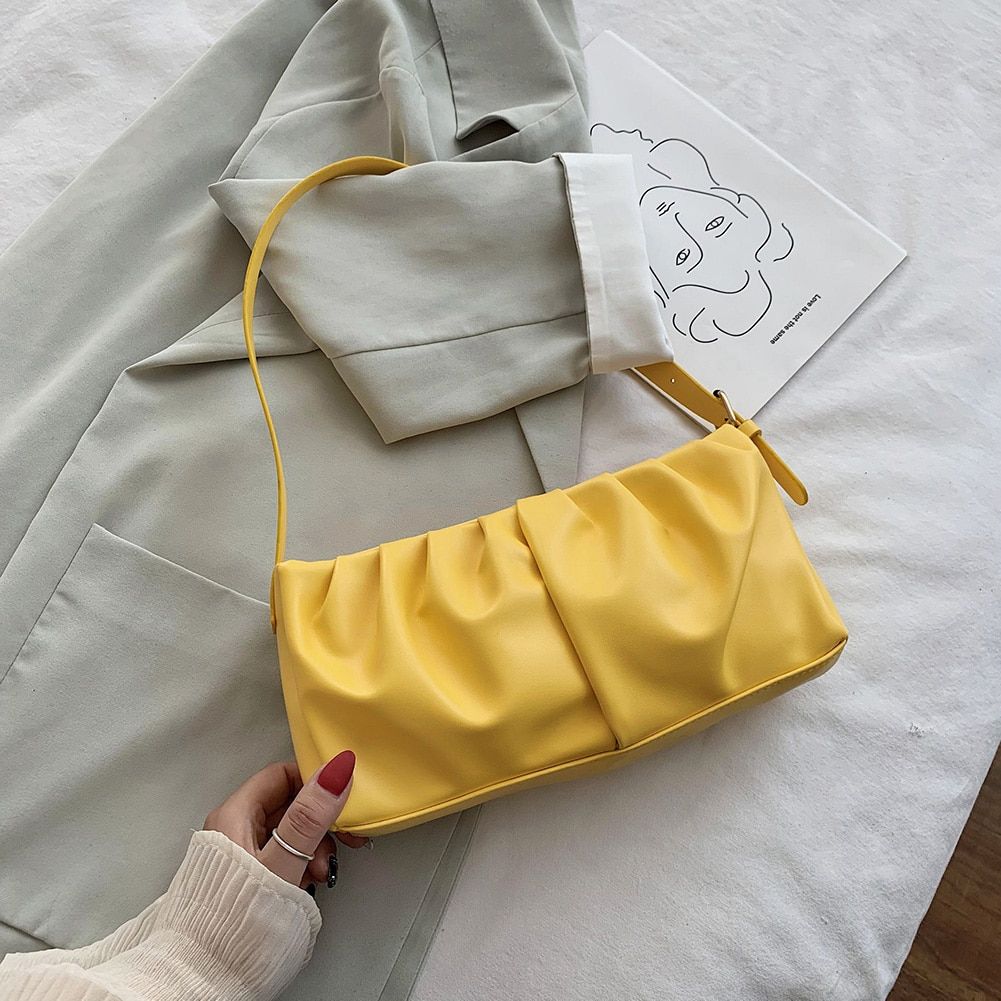 Women Pleated Tote Bag Classic Texture Creative Delicate Design Chic Pure Color PU Shoulder Portable Fashion Handbag Purses