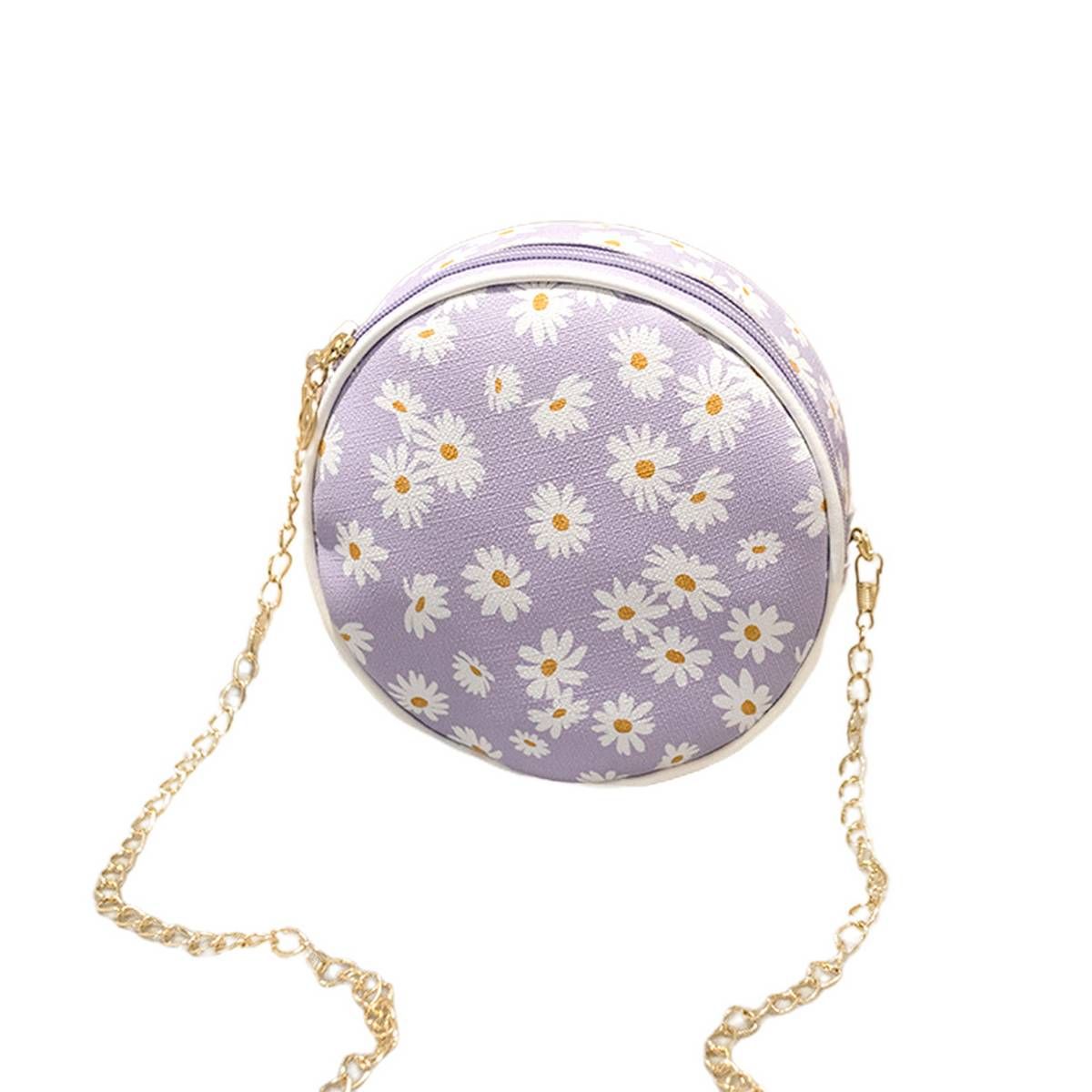 【BestGO】Women Stylish Zipper Marguerite Print Round Shoulder Bag Handbag Crossbody Pouch
