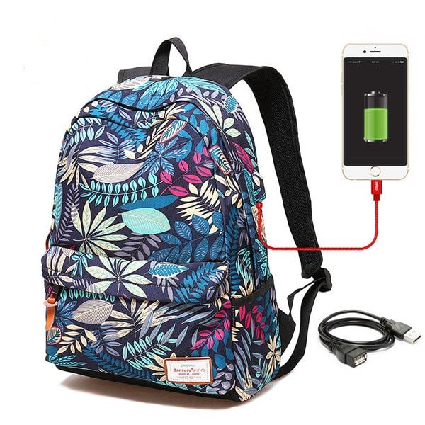 Women USB charging laptop backpack for teenage girls school backpack bag Printing Female Backpacks for college students