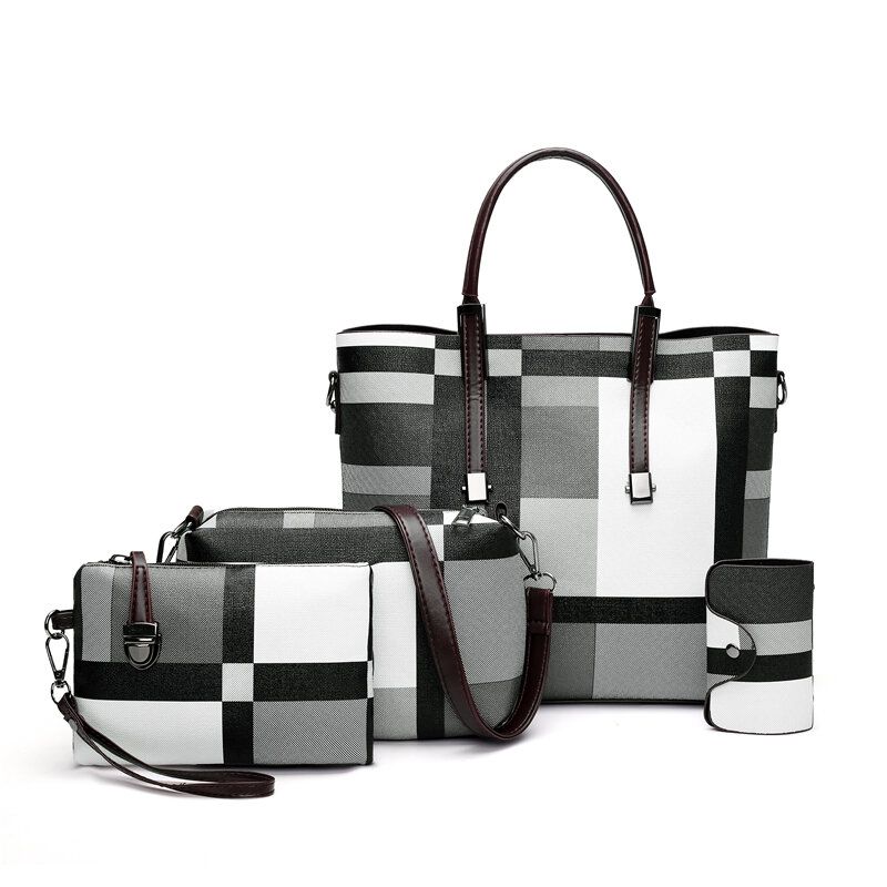 OIMG 4PCS PU Leather Fashion Lattice Shoulder Bag Set For Female