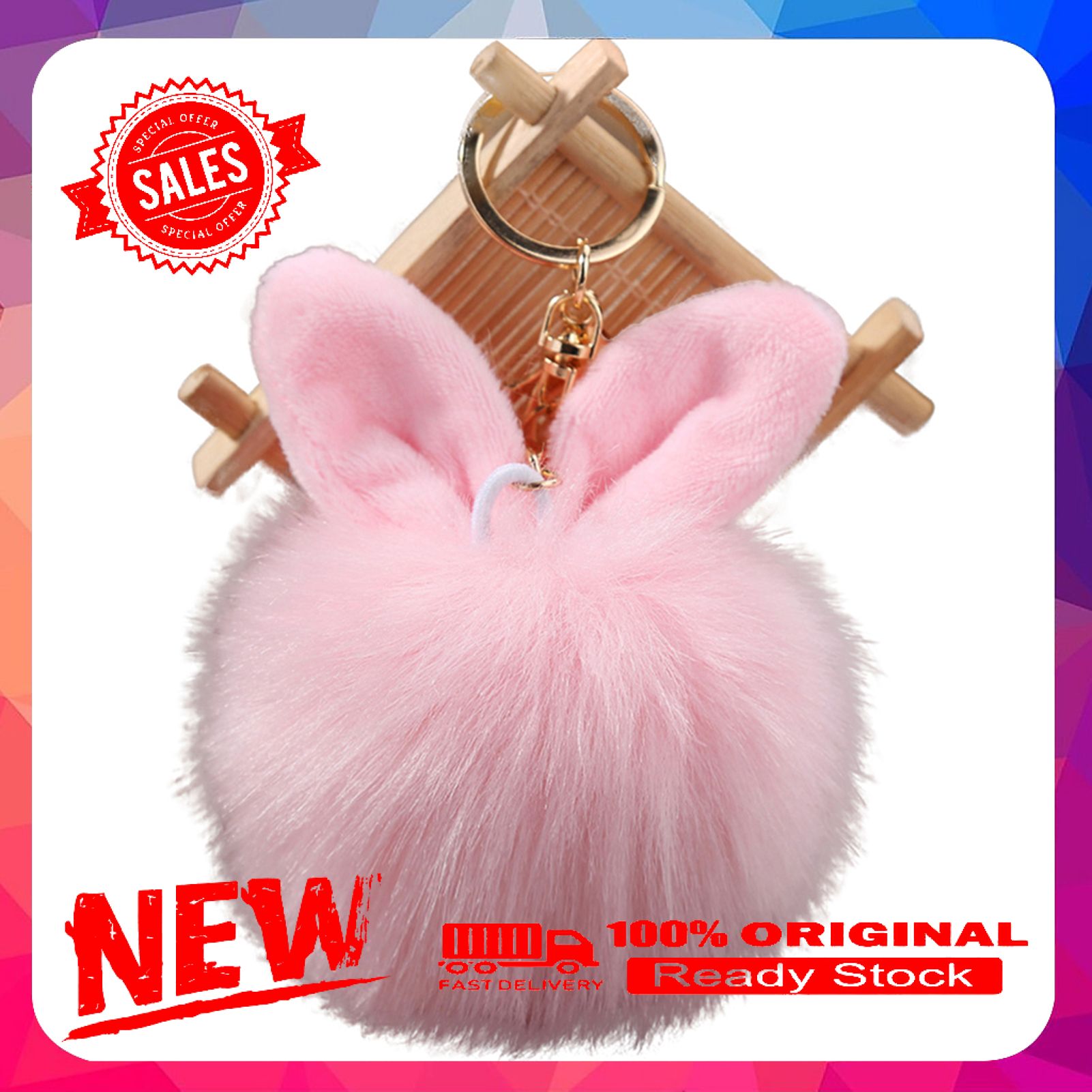 Cute Faux Rabbit Ear Soft Pom Pom Ball Key Ring Chain Keychain Bag Decor