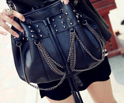 women skull rivet bucket bag fashion tassel chain messenger bags pu leather shoulder bag cross body bag for women bolsos mujer