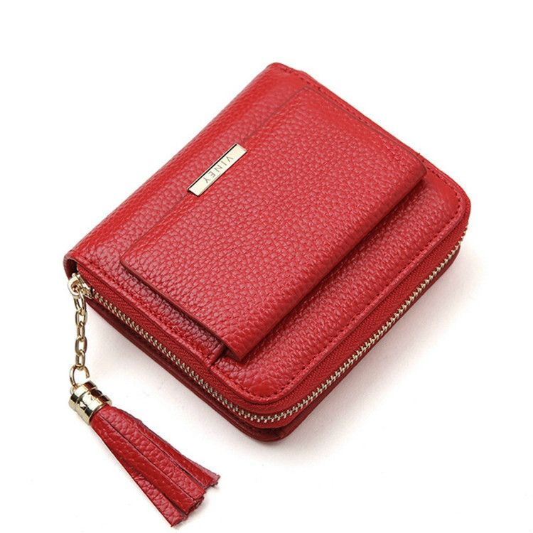 Short Zippered Leather Folding Wallet Tassel Coin Purse