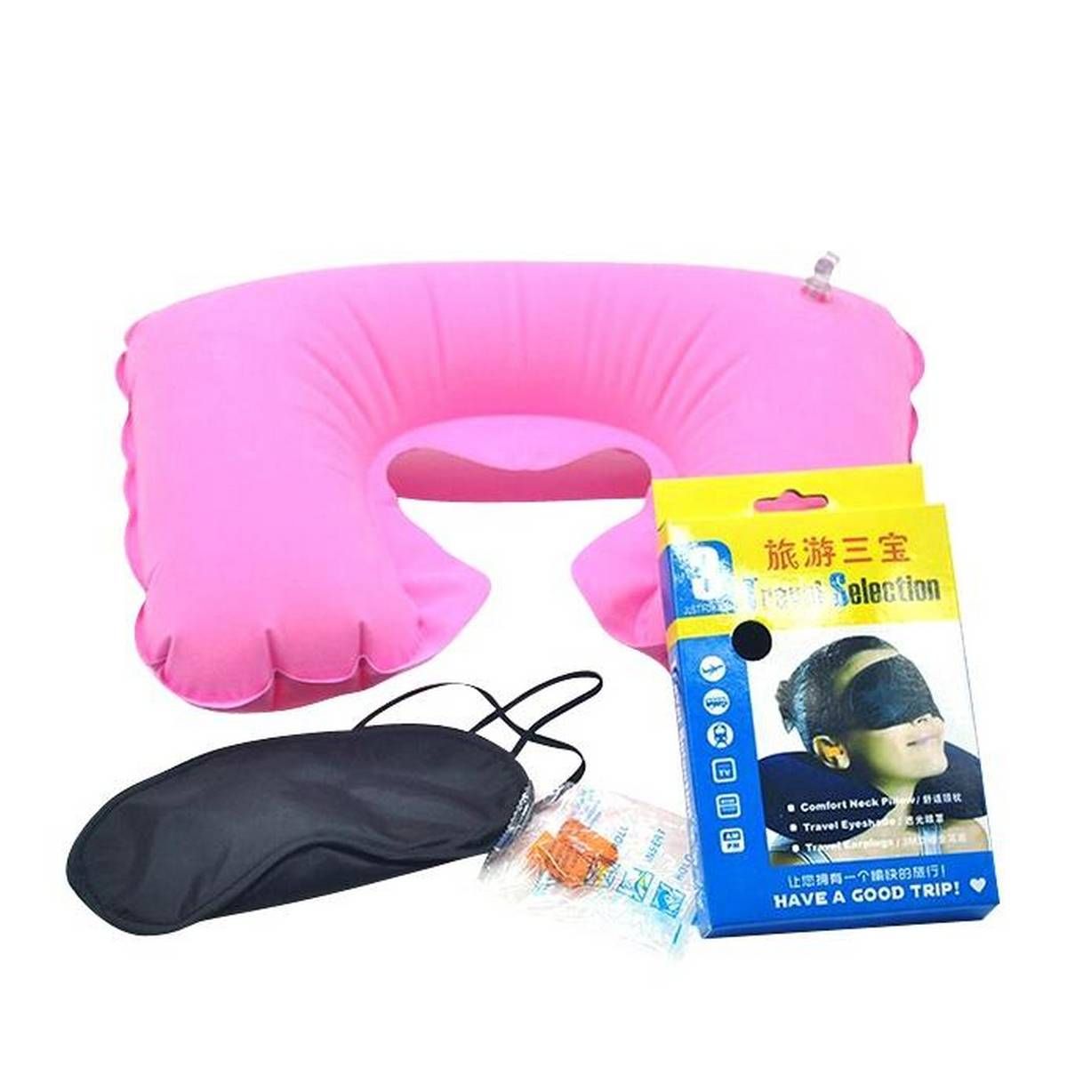 Travel Combo of Neck Pillow, Eye Shade And Earplugs - Pink