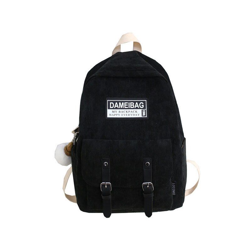 Stripe Corduroy Back Pack Women Cute School Bag Teenage Girls Backpack Harajuku Fashion Student Lady Book Bags With Pendant