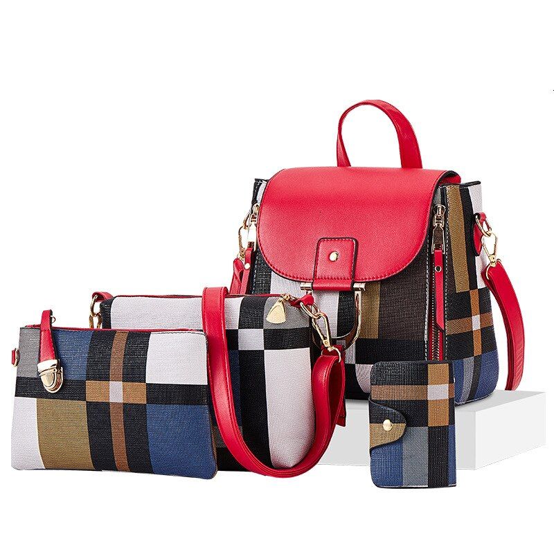 LUCDO Designer Plaid Female Bags Luxury Quality Leather Backpacks 4 Pcs Crossbody Bags Set Composite Bags Girls Travel Back Bag