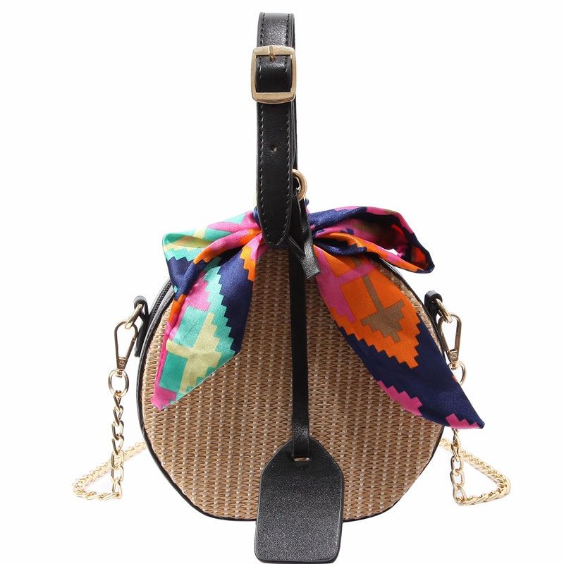 Round Straw+leather Beach Shoulder Bag Messenger summer Bohemia Rattan Bag for 2021 new Fashion Women Ribbon Handbag handmadeBag