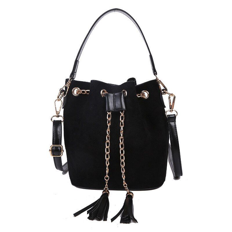 New Women Bucket Bag Shoulder Crossbody Bag Handbags Cute Chain Suede Organizer Chain String Tassel PU Leather Messenger Bags