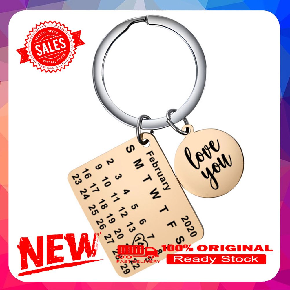 Stainless Steel Heart Square Shape 2020 Calendar Keychain Key Ring Birthday Gift